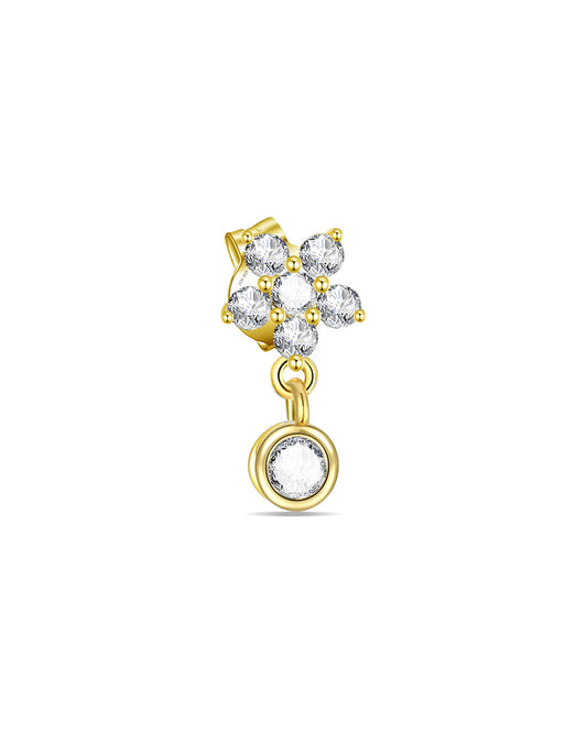 cluster of CZ stones in the shape of a flower with dangling stone in a bezel setting stud earring.