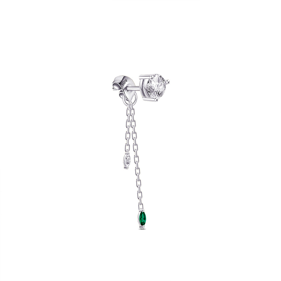 single stone stud earring with back dangling chains.