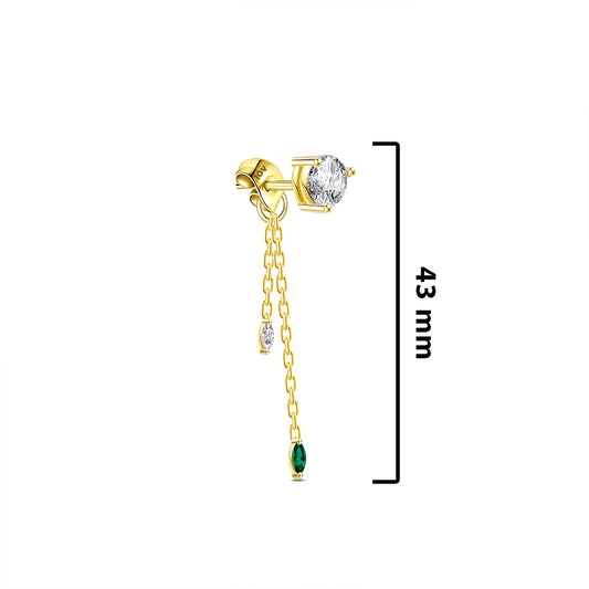 single stone stud earring with back dangling chains.