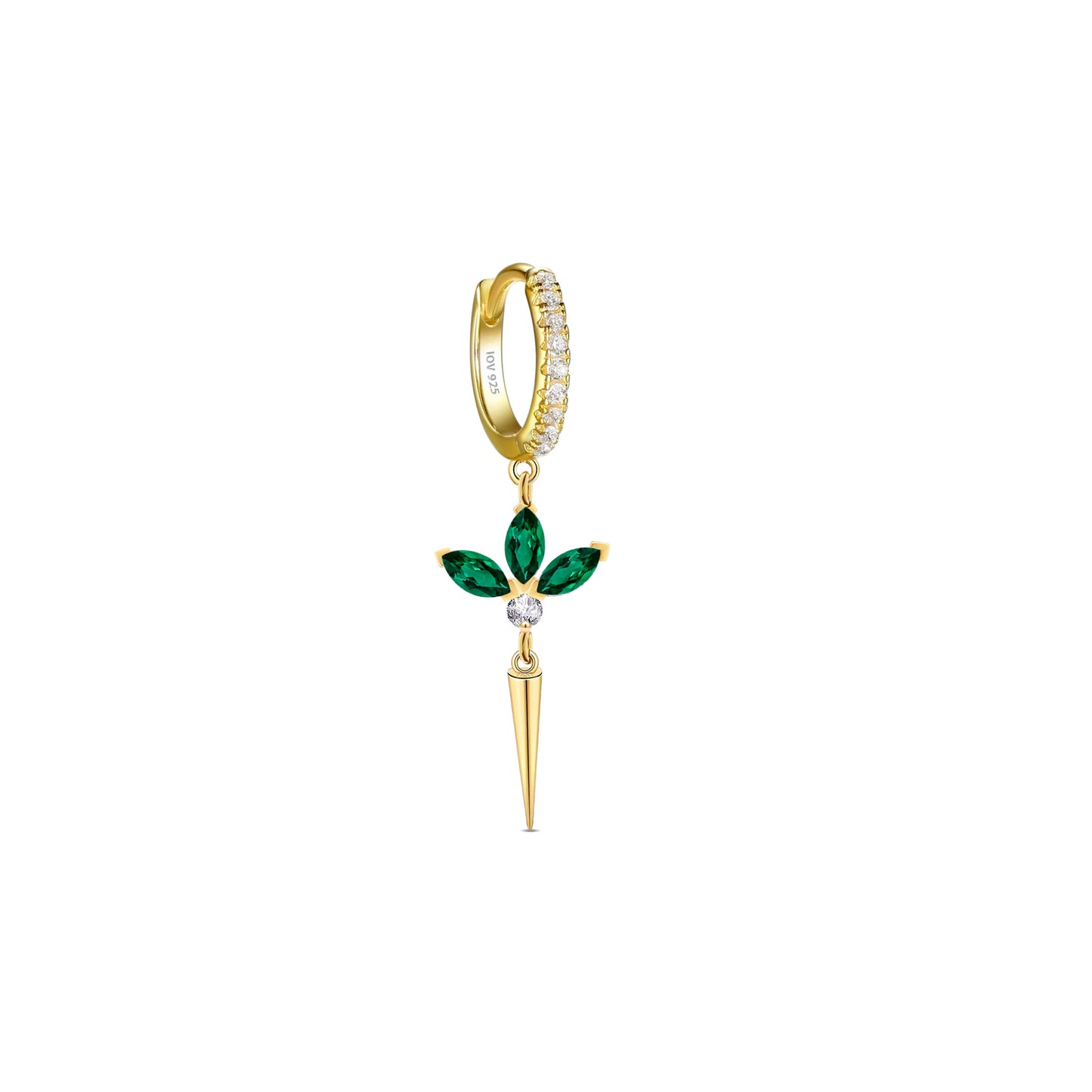 CZ huggie hoop with dangling lotus shape.