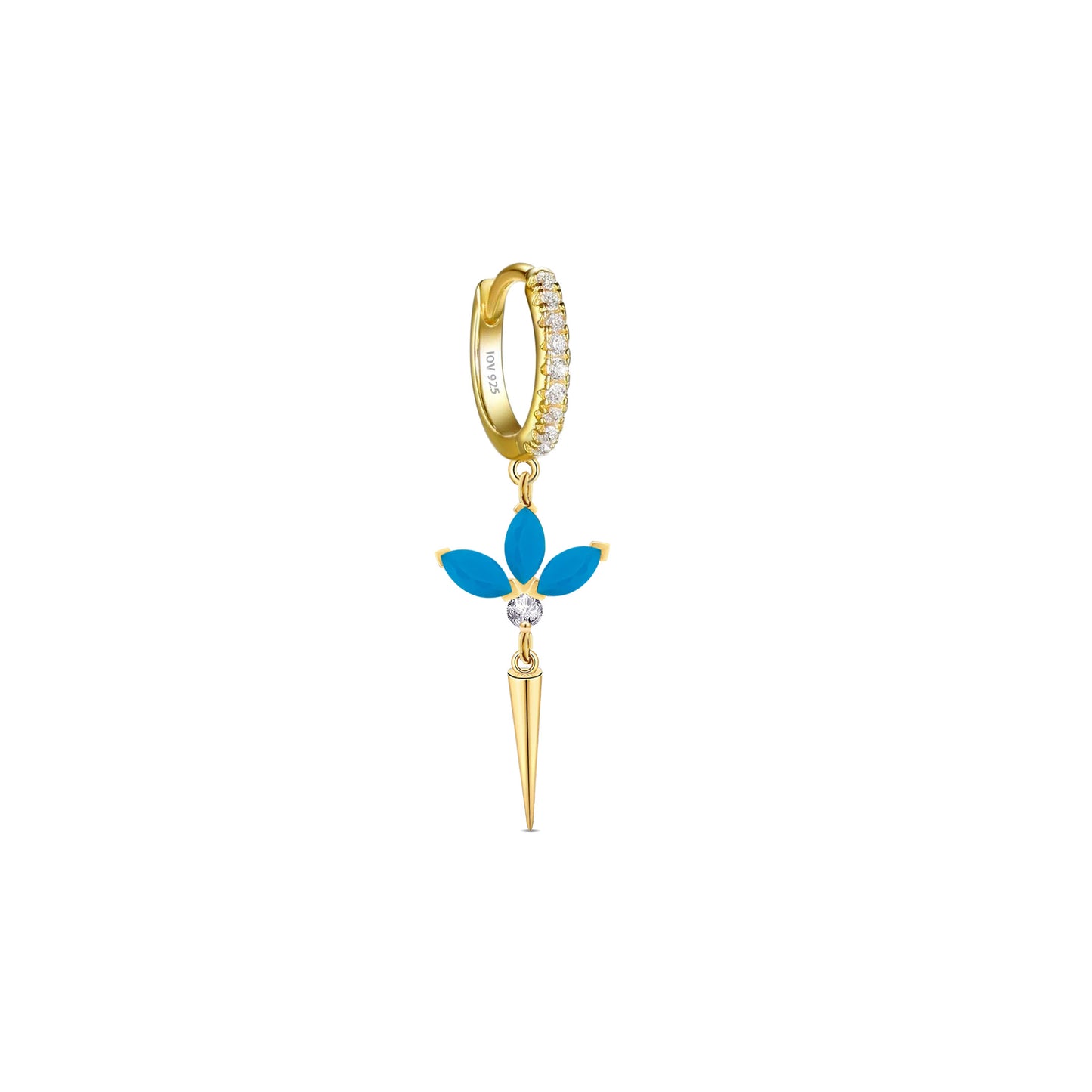 CZ huggie hoop with dangling lotus shape.