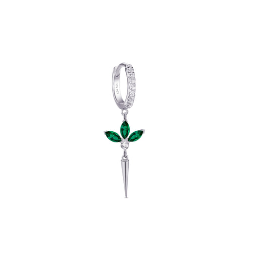 CZ huggie hoop with dangling lotus shape.