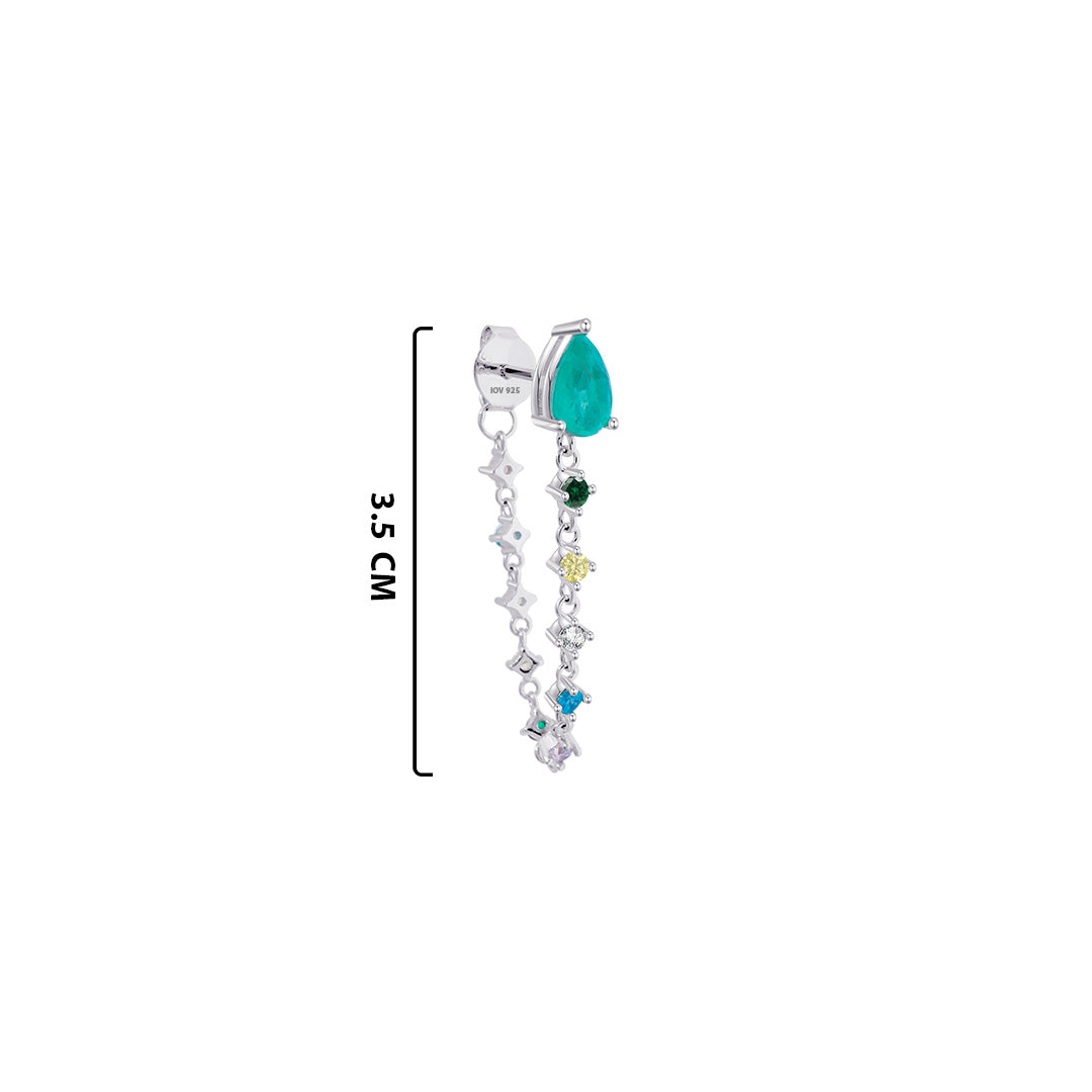 back and front dangling chain earring studded with colored CZ stones.