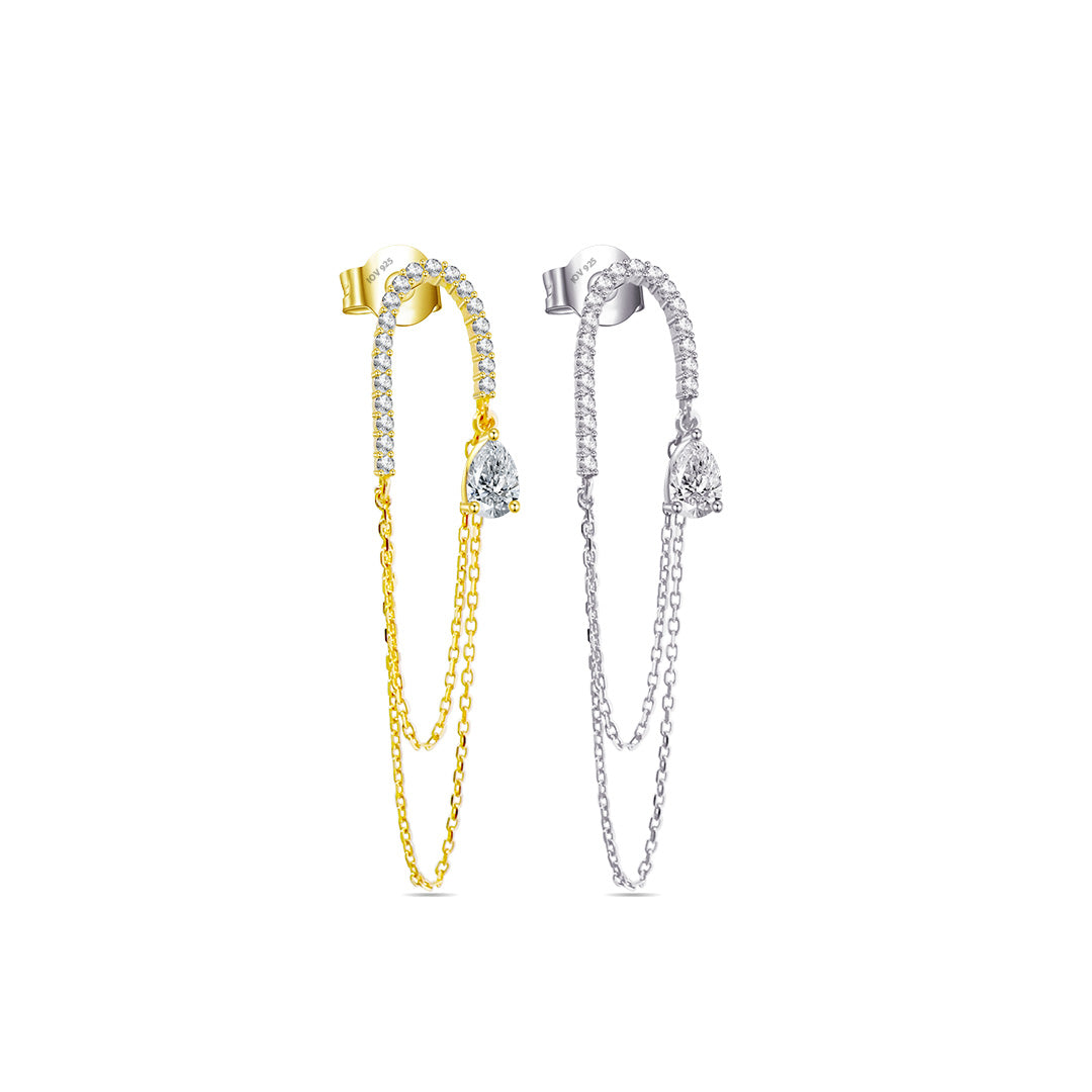 Long double chain dangling earring with pear shape CZ stone.