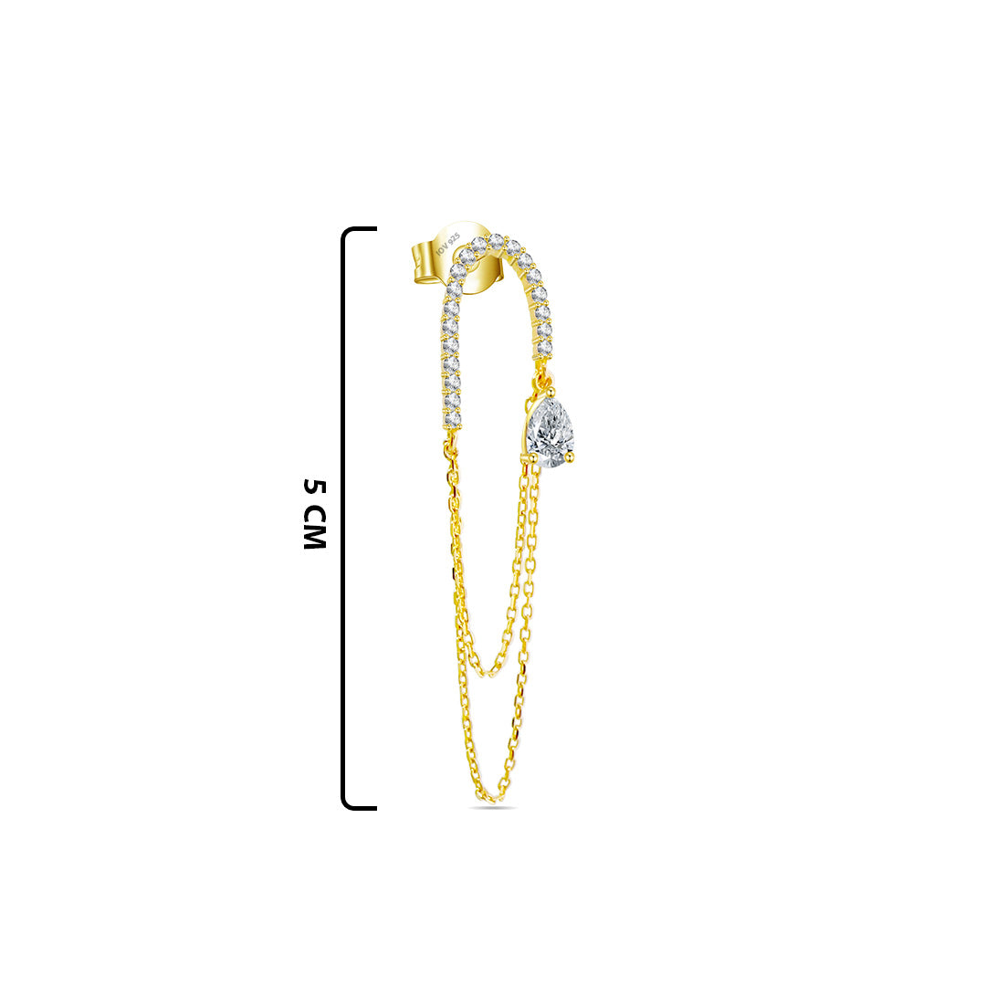 Long double chain dangling earring with pear shape CZ stone.