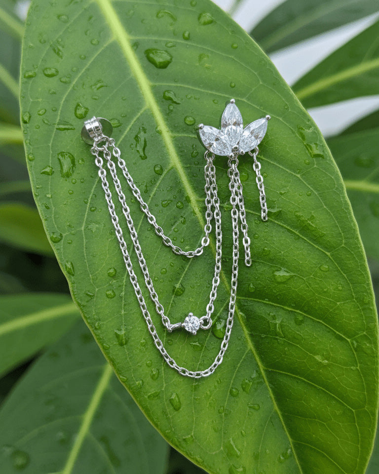 lotus shape of marquise CZ with dangling chains back to front earring.