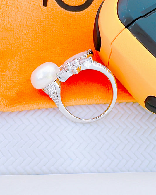 MOP, pearl and CZ open adjustable ring.