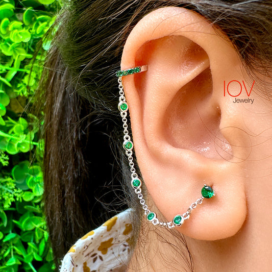 emerald and ruby color stud earring linked with earcuff.