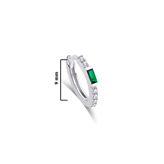 9 mm inside diameter hoop with baguette emerald green color stone.