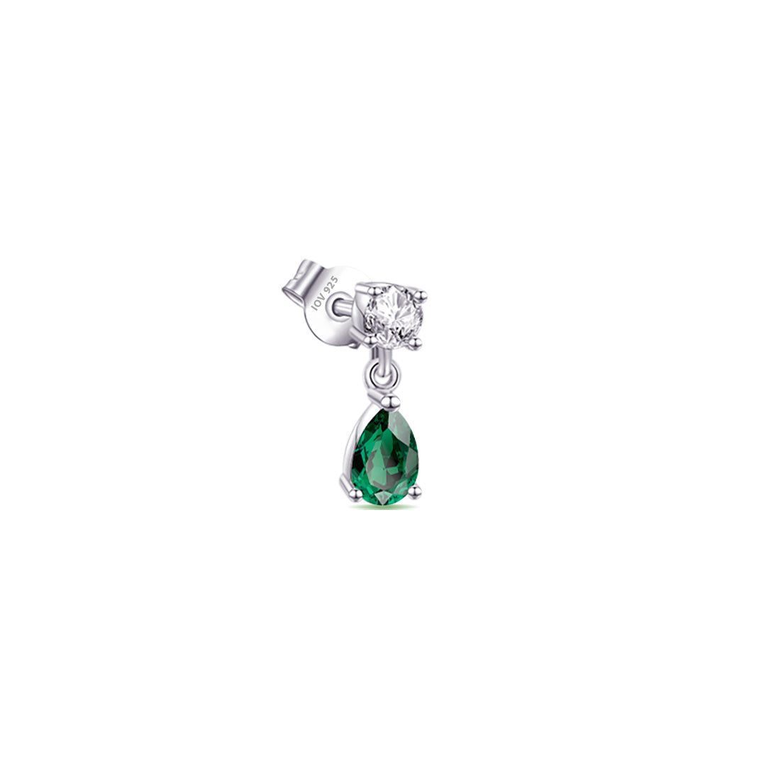 round stone stud earring with dangling emerald color pear shape stone.