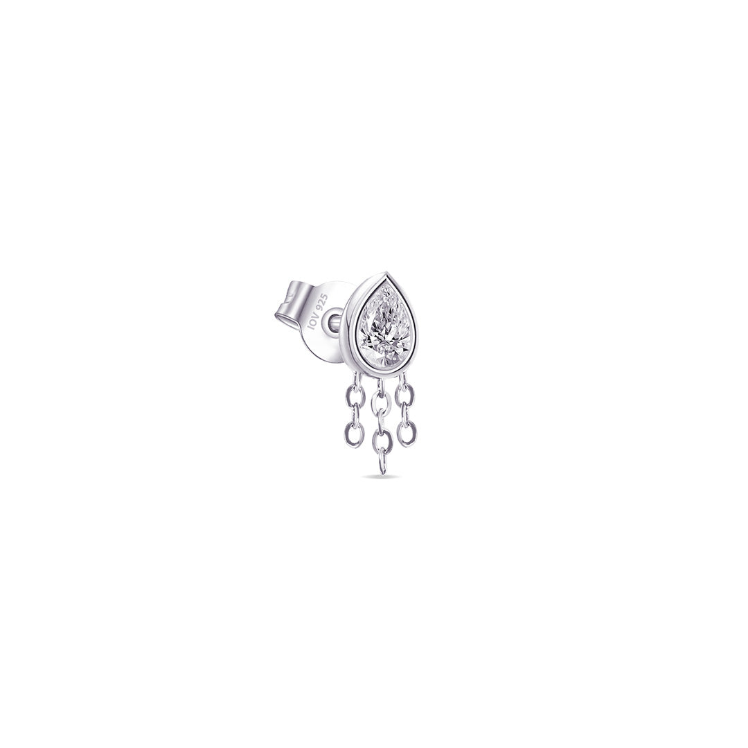 pear shape CZ stone in bezel setting with dangling chains stud earring.