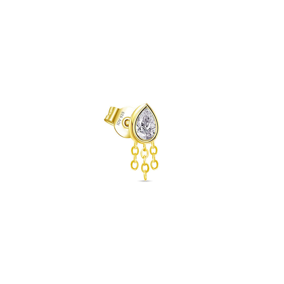 pear shape CZ stone in bezel setting with dangling chains stud earring.