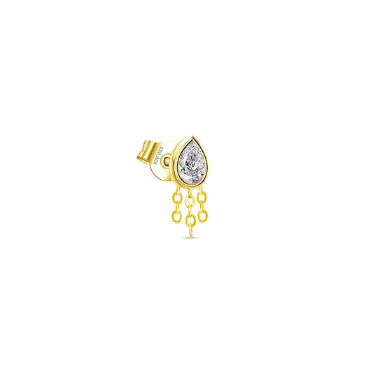 pear shape CZ stone in bezel setting with dangling chains stud earring.