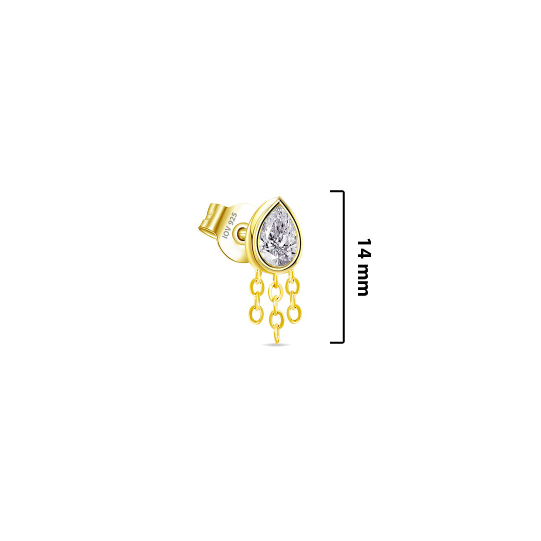 pear shape CZ stone in bezel setting with dangling chains stud earring.