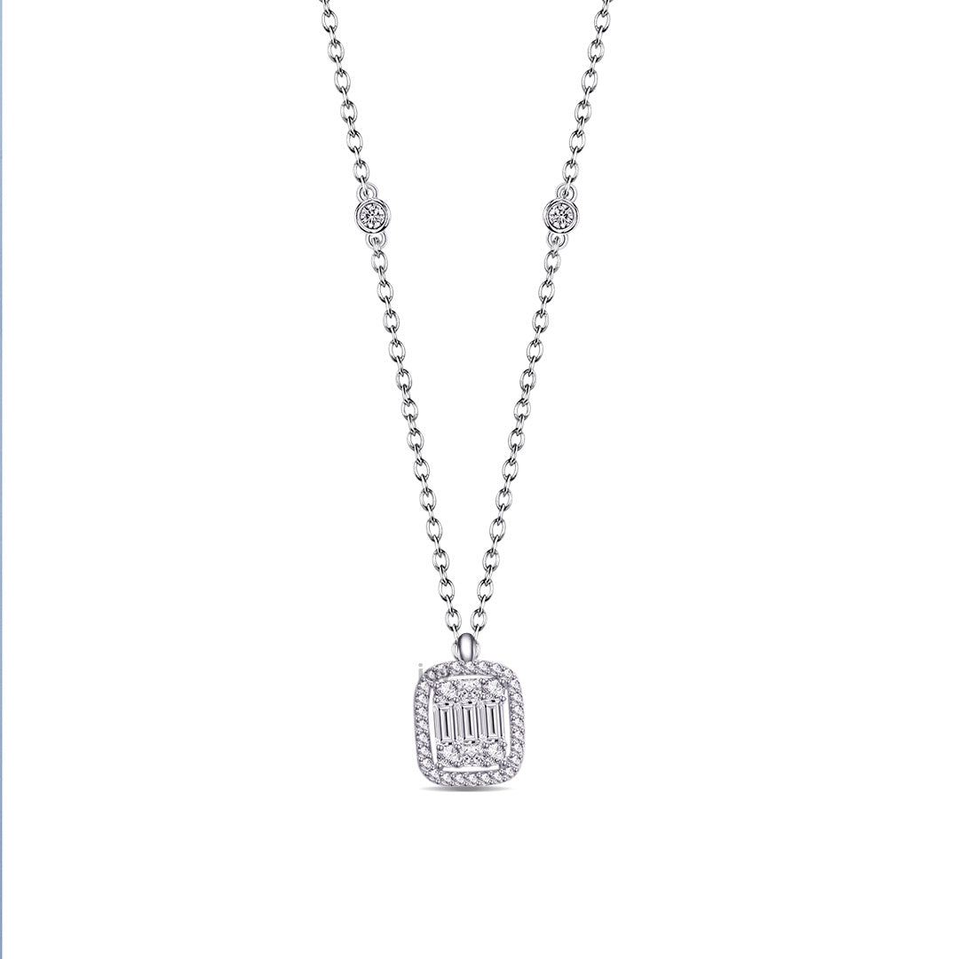 rectangular shape baguette and round stones necklace.