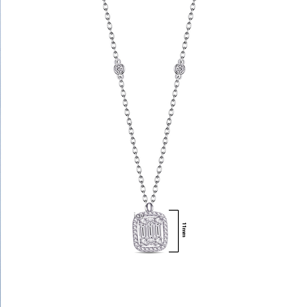 rectangular shape baguette and round stones necklace.