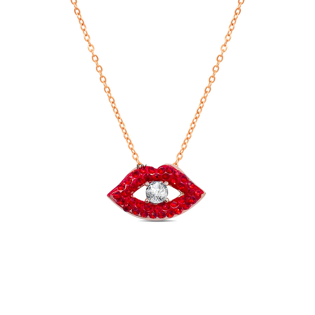 Red lips rosegold necklace.