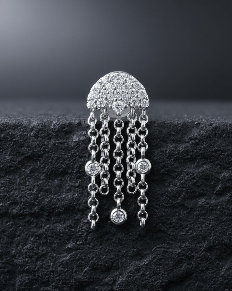 half circle with dangling chains and round CZ in bezel setting stud earring.