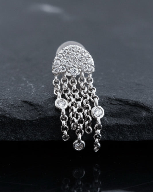 half circle with dangling chains and round CZ in bezel setting stud earring.