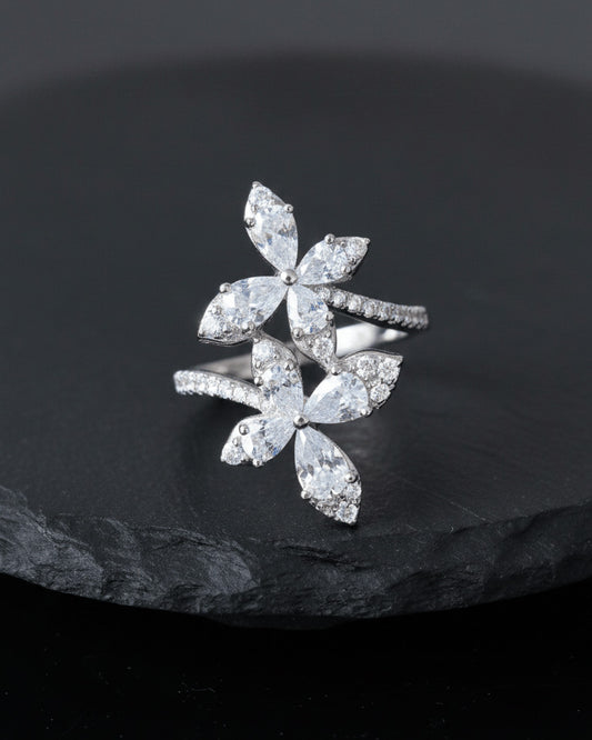 double butterfly of round and pear shapes CZ stones ring.