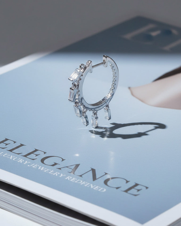 inside out CZ hoops earrings with dangling baguettes