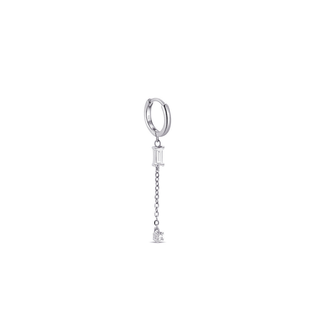 chain dangling hoop earring with baguette and round stones.
