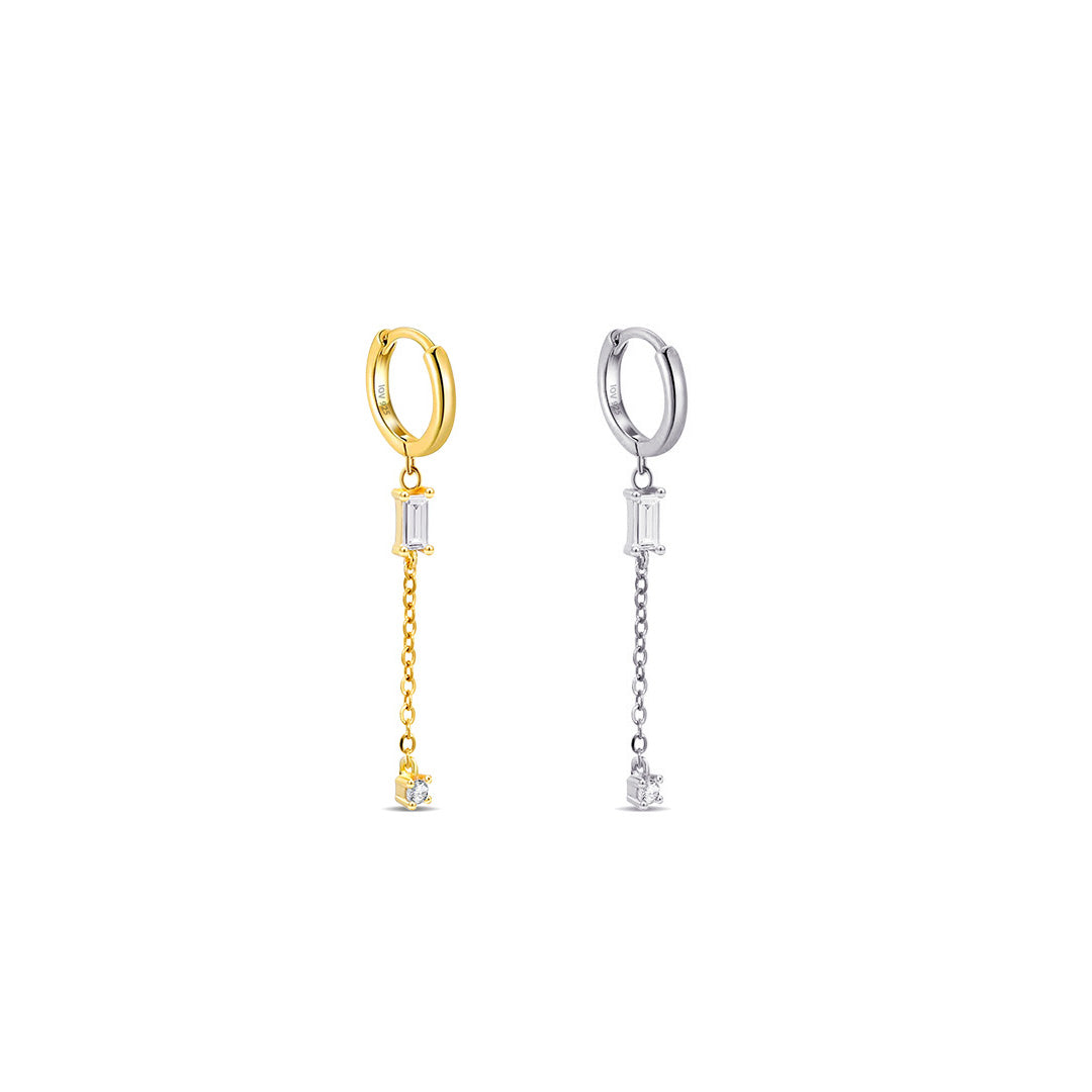 chain dangling hoop earring with baguette and round stones.