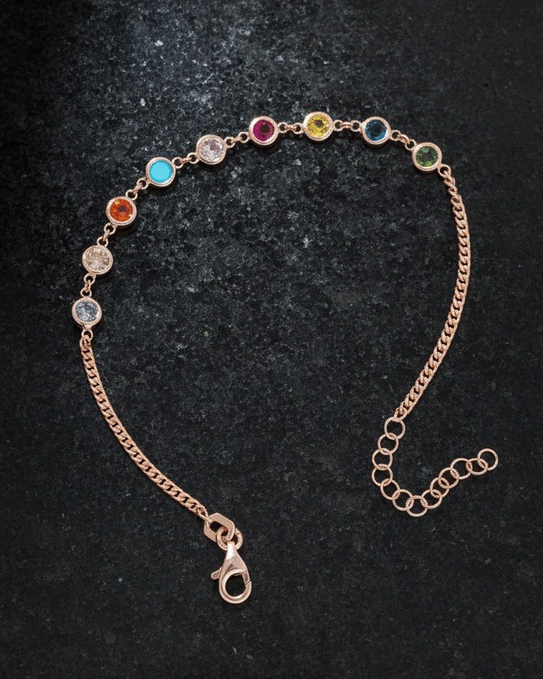 colored CZ round shapes curb chain rosegold bracelet.