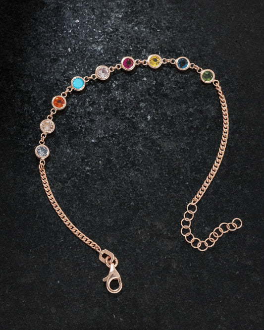 colored CZ round shapes curb chain rosegold bracelet.