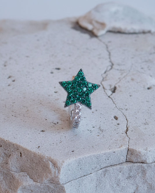 CZ green and white star huggie hoop.