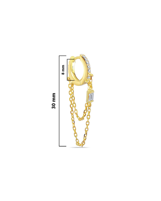 CZ huggie hoop with dangling double chains studded with baguette.