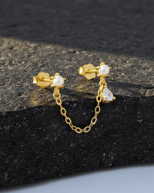 double stud chain earring of pearl and CZ pear stones.
