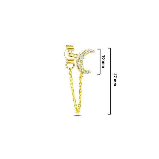 crescent shape stud earring with dangling chain.