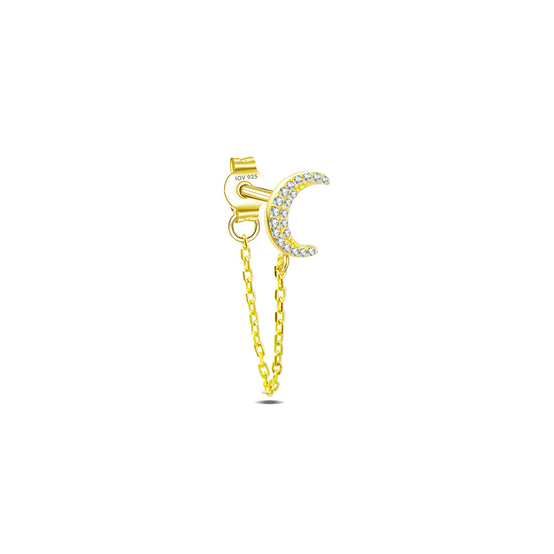 crescent shape stud earring with dangling chain.