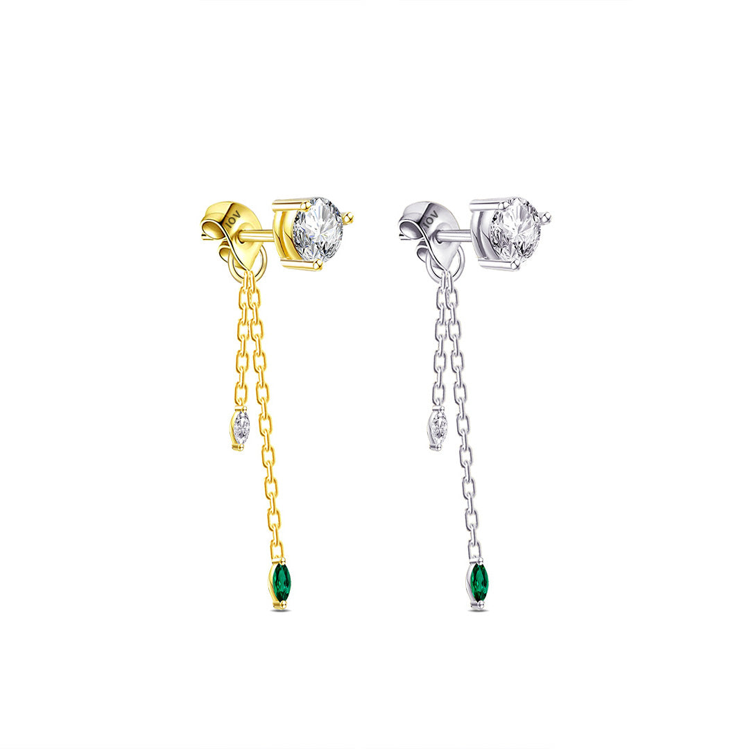single stone stud earring with back dangling chains.