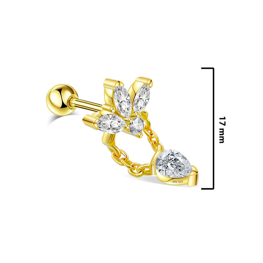 Lotus shape with dangling pear shape stone ballback piercing earring.