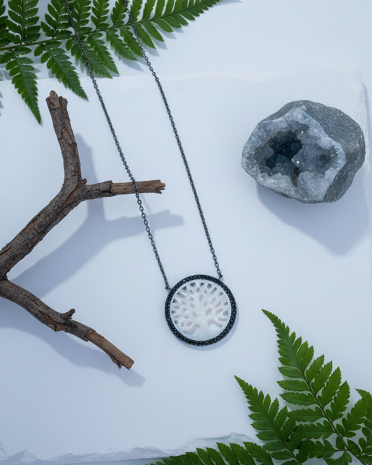 Tree of life necklace with black CZ and plated with black rhodium.