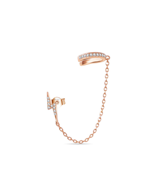 Bolt sign stud earring connected to earcuff.