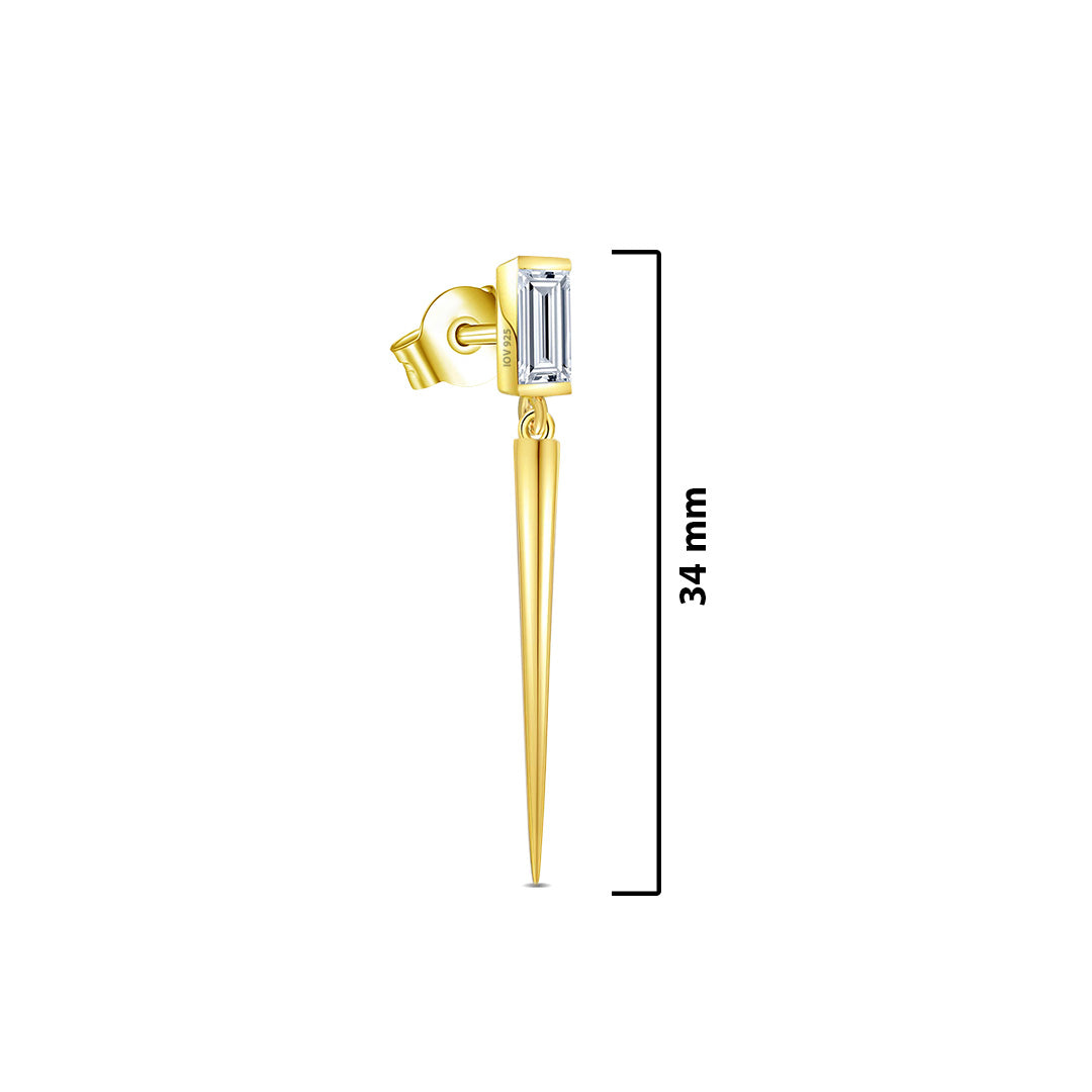 Baguette stone stud earring with dangling cone shape.