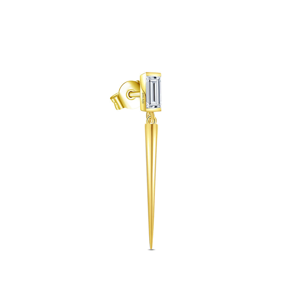 Baguette stone stud earring with dangling cone shape.