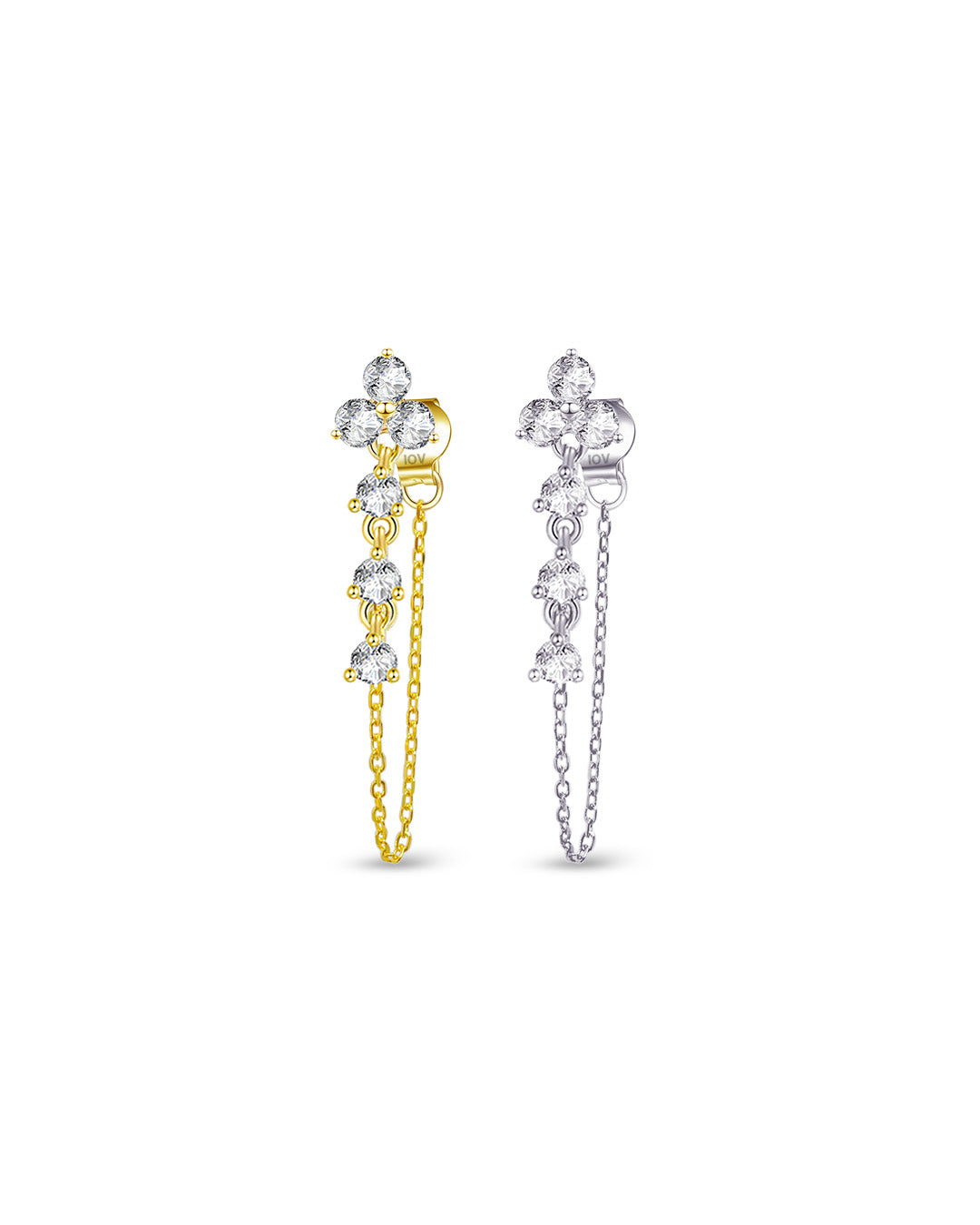 round three stones with dangling chain back and front earring.