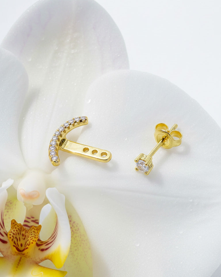 back to front delicate curved line of CZ earring.