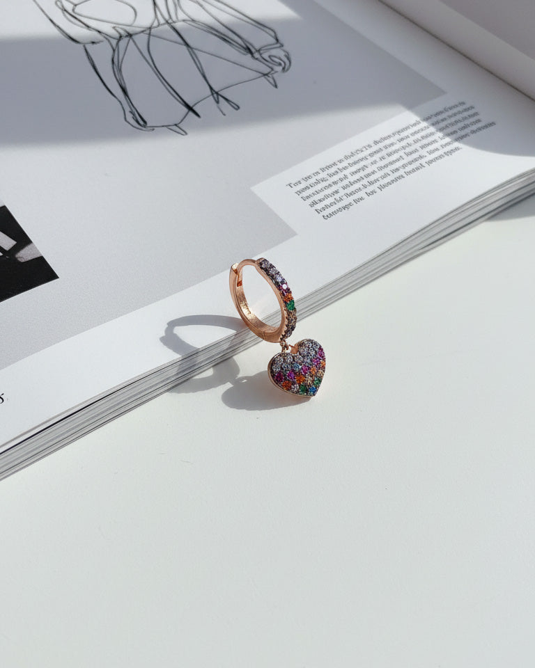 rose gold multi color CZ huggie hoop heart earring.