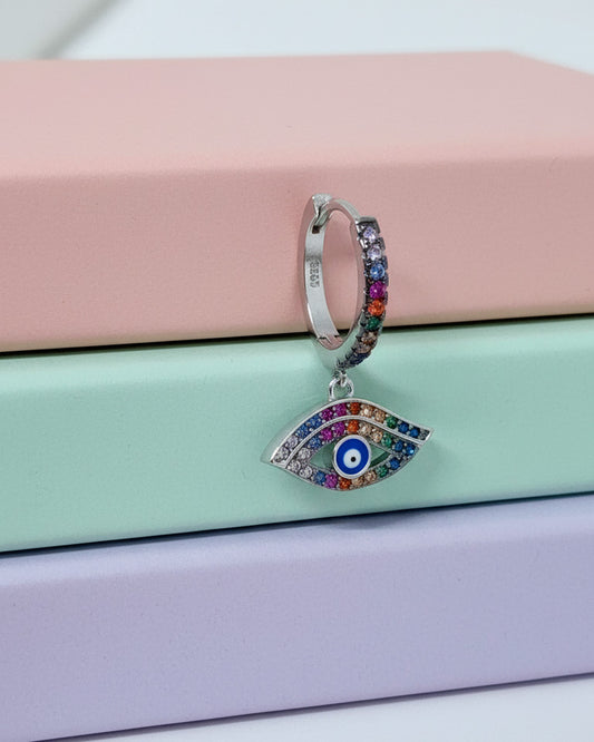 CZ multi color huggie hoop evil-eye earring.
