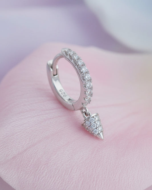 8 mm CZ hoop with dangling cone shape.