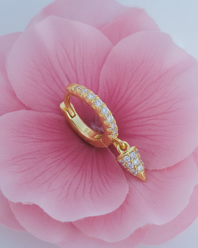 8 mm CZ hoop with dangling cone shape.