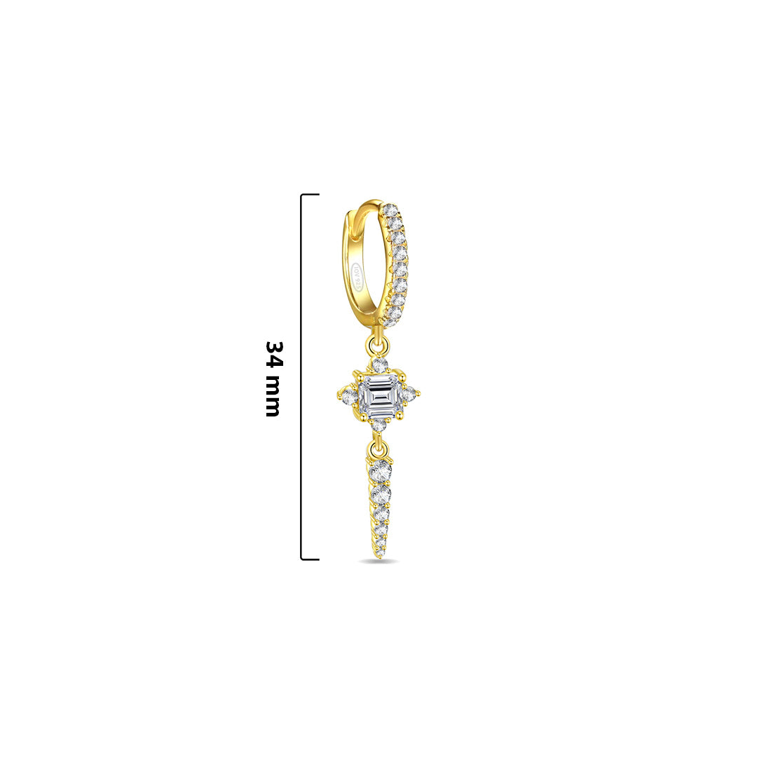 CZ luxury hoop earring with dangling rectangular stone and graduated round stones.
