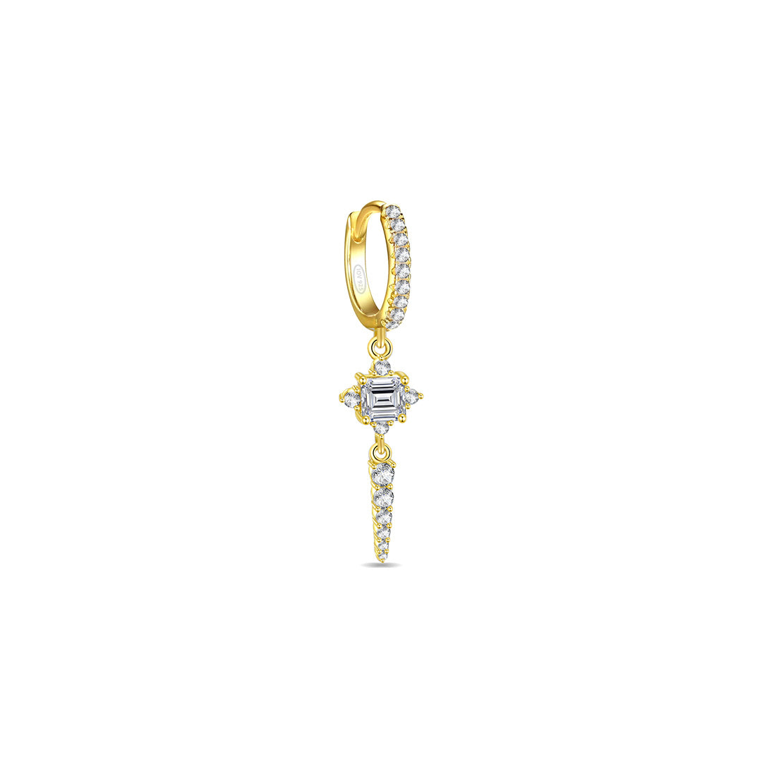 CZ luxury hoop earring with dangling rectangular stone and graduated round stones.