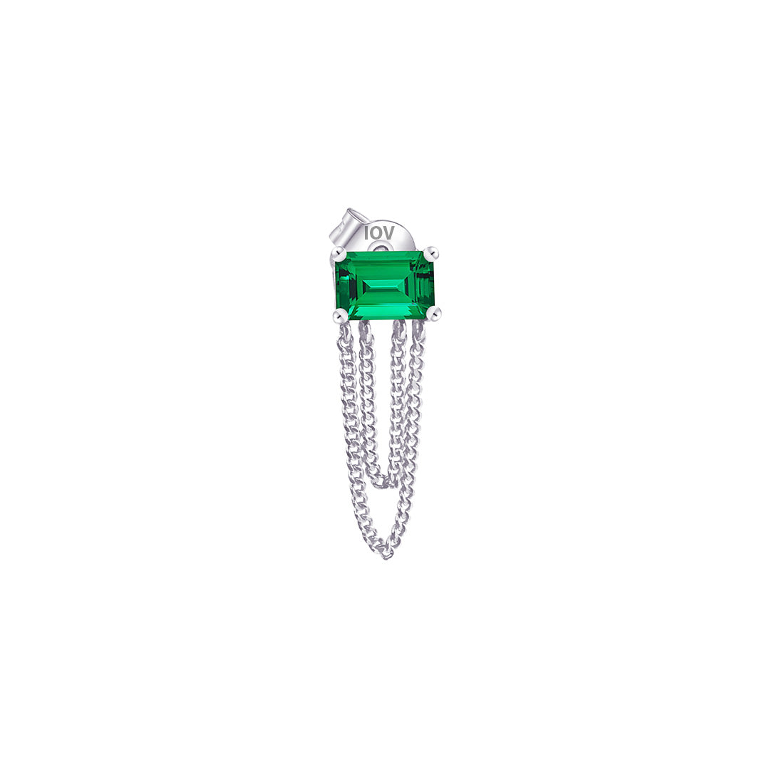 emerald color stud earring with double dangling chain.