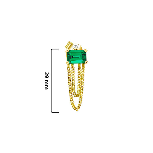 emerald color stud earring with double dangling chain.